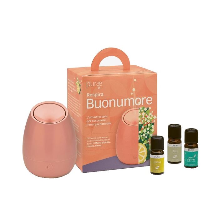 Purae Respira Buonumore Kit con Diffusore a Ultrasuoni e 3 Oli Essenziali Biologici e Puri di Menta Piperita, Limone, Litsea