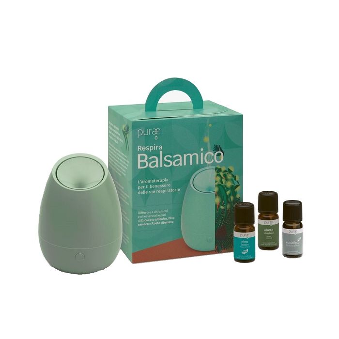 Purae Respira Balsamico Kit con Diffusore a Ultrasuoni e 3 Oli Essenziali e Puri di Eucalipto Globulus, Pino Cembro e Abete Siberiano