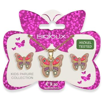 Bjs009 Parure Orecchini+collanina Pink Butterfly Gold Plated
