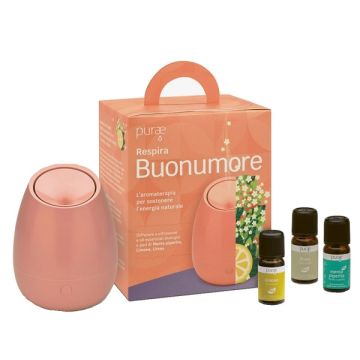 Purae Respira Buonumore Kit con Diffusore a Ultrasuoni e 3 Oli Essenziali Biologici e Puri di Menta Piperita, Limone, Litsea