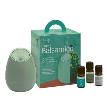 Purae Respira Balsamico Kit con Diffusore a Ultrasuoni e 3 Oli Essenziali e Puri di Eucalipto Globulus, Pino Cembro e Abete Siberiano