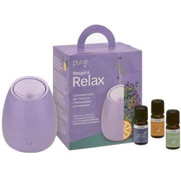 Purae Respira Relax Kit con Diffusore a Ultrasuoni e 3 Oli Essenziali Biologici e Puri di Lavanda Officinale, Arancio Dolce e Lemongrass